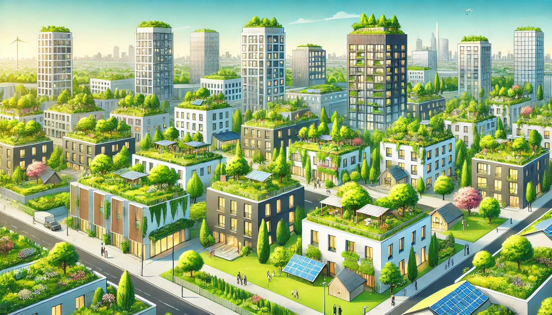 DALL·E 2024-07-08 16.51.29 – A vibrant illustration of a modern cityscape featuring buildings with green roofs. The roofs are covered with lush vegetation, trees, and small garden