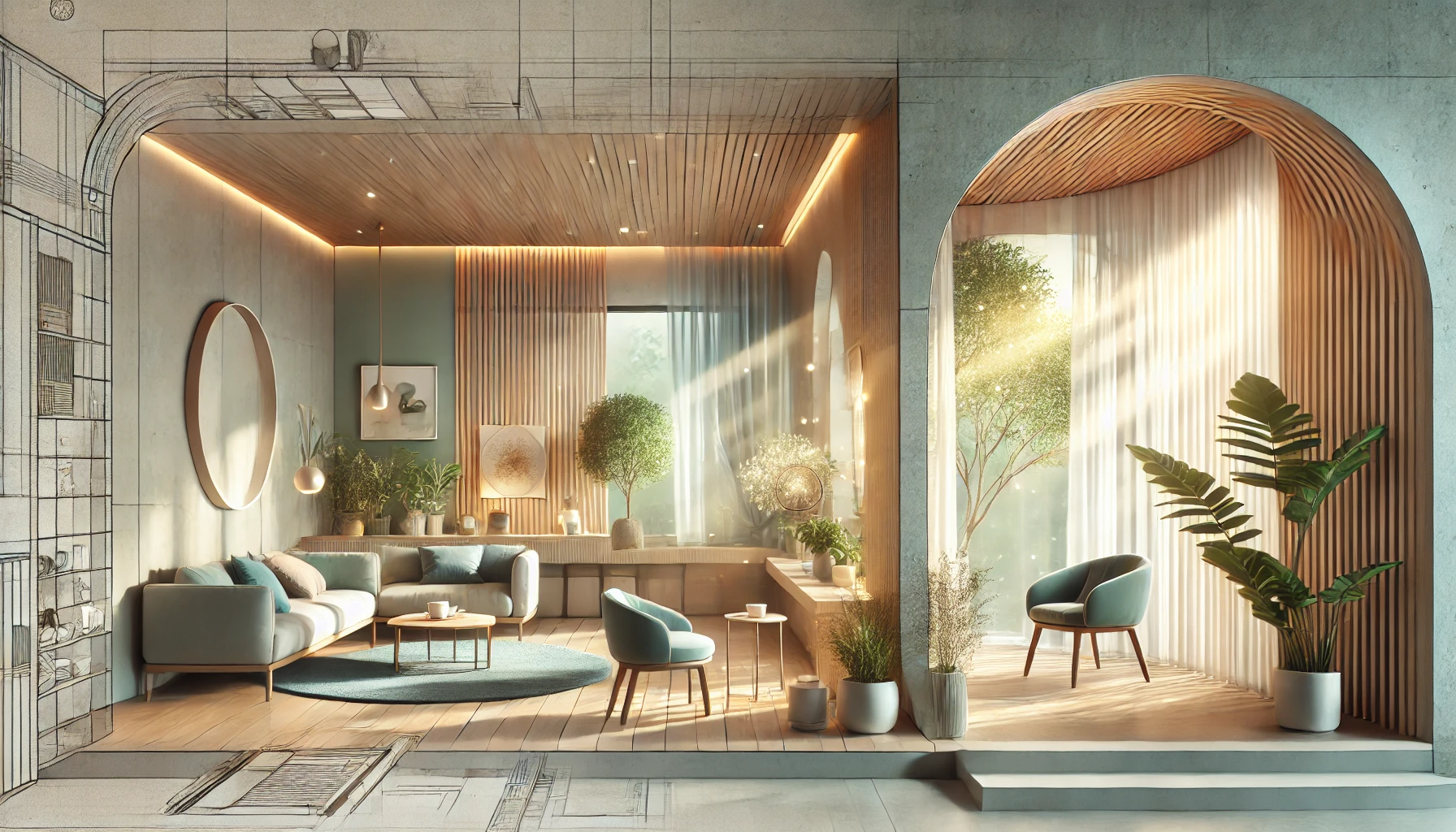 DALL·E 2024-12-06 16.33.14 – An insightful and calming illustration depicting a home designed for mental well-being. The scene features an open-plan living area with soft, natural